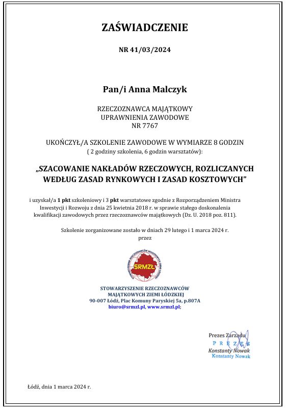 Certyfikat 5 - Zaświadczenie Nakłady